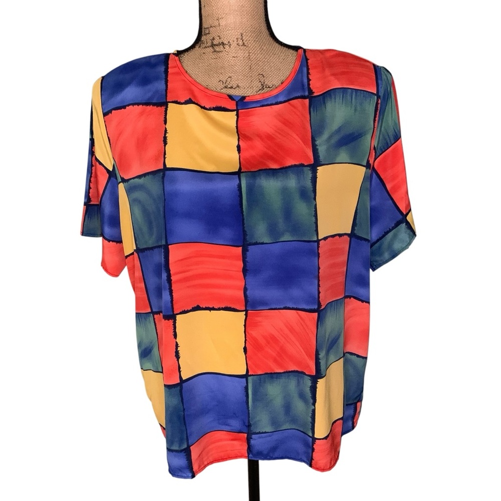 Vintage Kathie Lee Collection Blue and Red Graphic Boxy Blouse